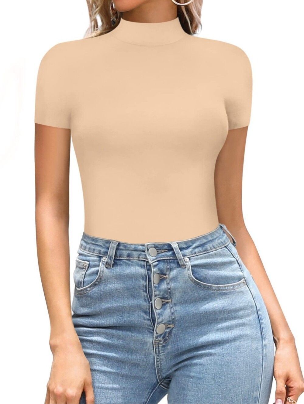 Women's Cream Short Sleeve Mock Neck Bodysuit Sz S M L XL 2X